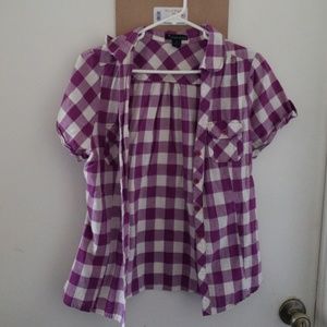Purple and white button down shirt.